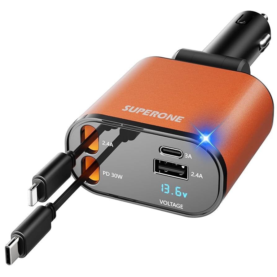 4 in 1 Retractable Car Charger, SUPERONE Smaller Fast Car Phone Charger 69W with Cord, USB C and iPhone Car Charger Adapter, Compatible iPhone 15/15 Pro Max/14/13/12/11, Sumsung