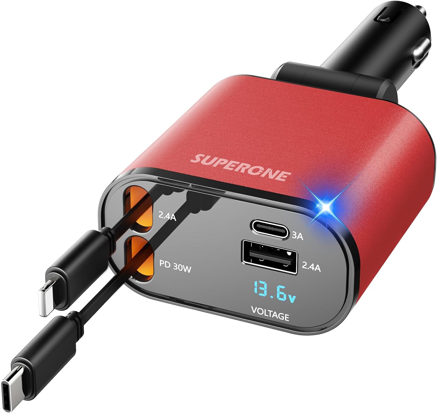 4 in 1 Retractable Car Charger, SUPERONE Smaller Fast Car Phone Charger 69W with Cord, USB C and iPhone Car Charger Adapter, Compatible iPhone 15/15 Pro Max/14/13/12/11, Sumsung