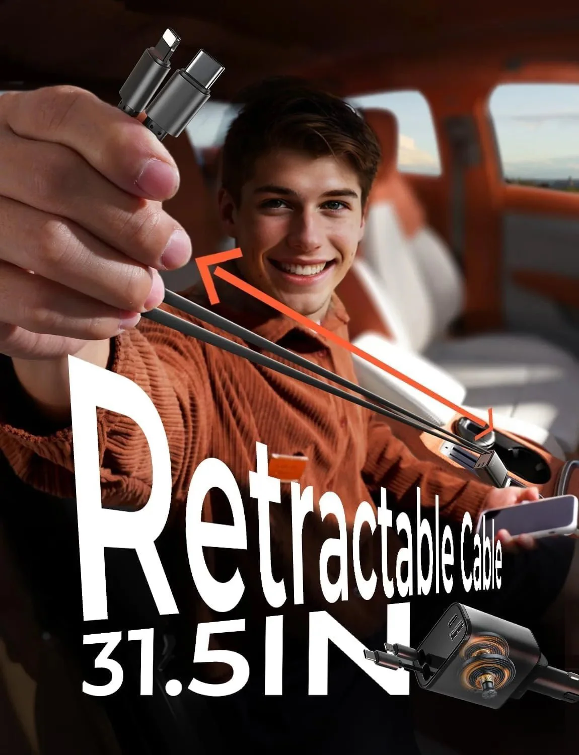 4 in 1 Retractable Car Charger, SUPERONE Smaller Fast Car Phone Charger 69W with Cord, USB C and iPhone Car Charger Adapter, Compatible iPhone 15/15 Pro Max/14/13/12/11, Sumsung