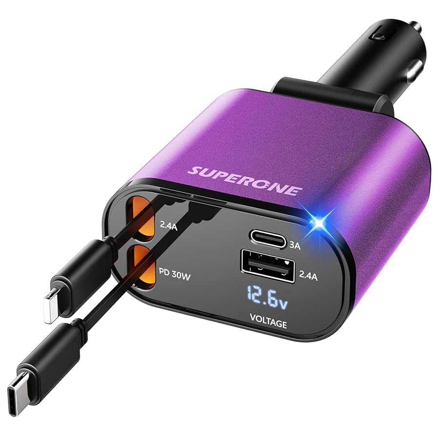 4 in 1 Retractable Car Charger, SUPERONE Smaller Fast Car Phone Charger 69W with Cord, USB C and iPhone Car Charger Adapter, Compatible iPhone 15/15 Pro Max/14/13/12/11, Sumsung